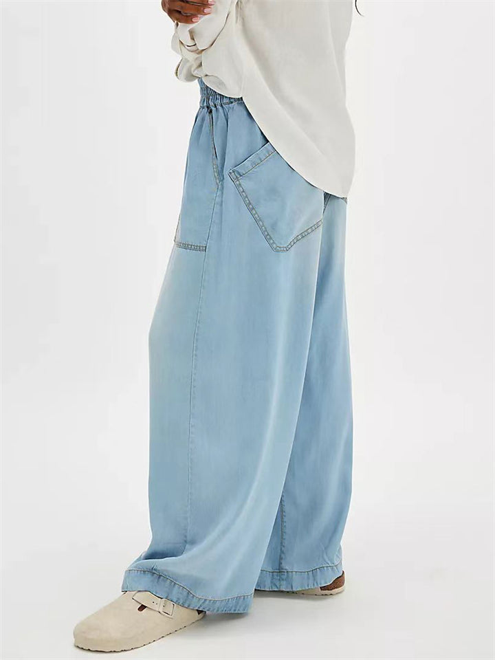 Women's Vintage Solid Color Pockets Drape Wide Leg Denim Pants