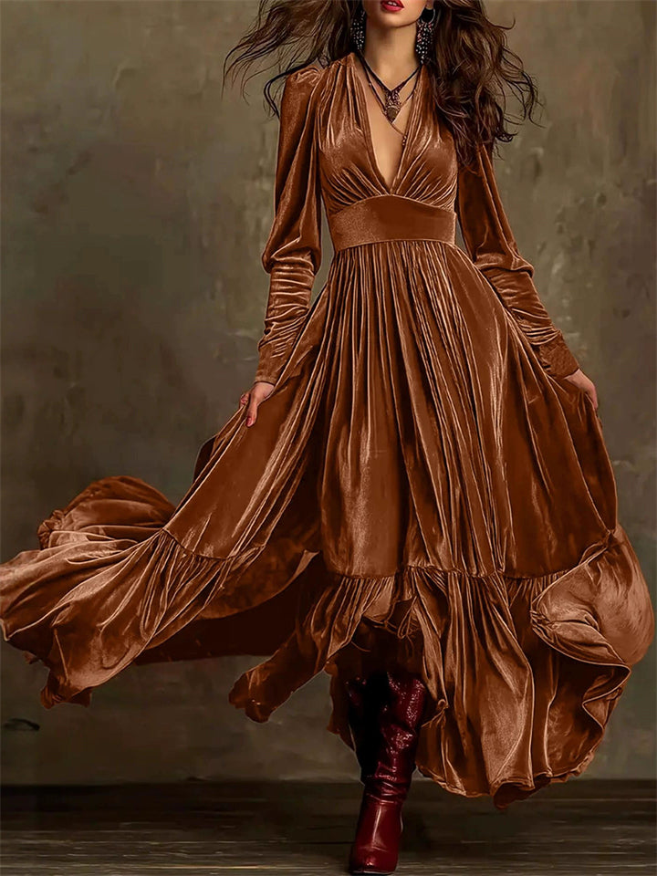 ‌Vintage Elegant Velvet Deep V Neck Big Hem Long Dress for Women‌