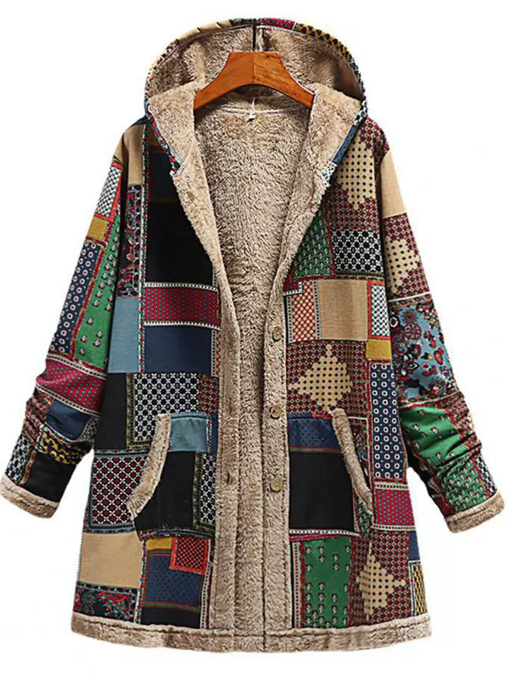 Women's Vintage Plaid Color Block Patchwork Fleeced Lining Hooded Coats