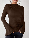 Women's Solid Color Pleated Flared Sleeve Stand Collar Slim Fit Shirt