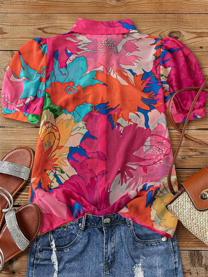 Women's Trendy Contrast Color Flowers Printed Lapel Short Sleeve Blouses