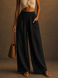 Women Summer Elastic High Waist Wide Leg Pants with Pockets