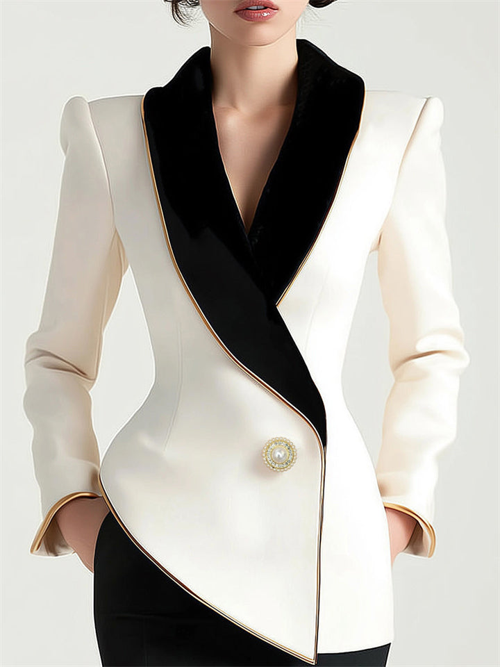 Ladies' Elegant Asymmetrical White Blazer with Black Contrast Color Collar