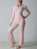 Women's 2 Piece Lounge V Neck Long Sleeve Top and Flare Yoga Pants Set