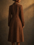 Womens Vintage Brown Faux Suede A Line Button Down Midi Coats