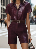 Women's Summer Faux Leather Wine Red Zip Up Lapel Jumpsuits