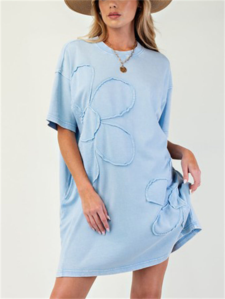 Women's 3D Flower Solid Color Short Sleeve T-Shirt Dress