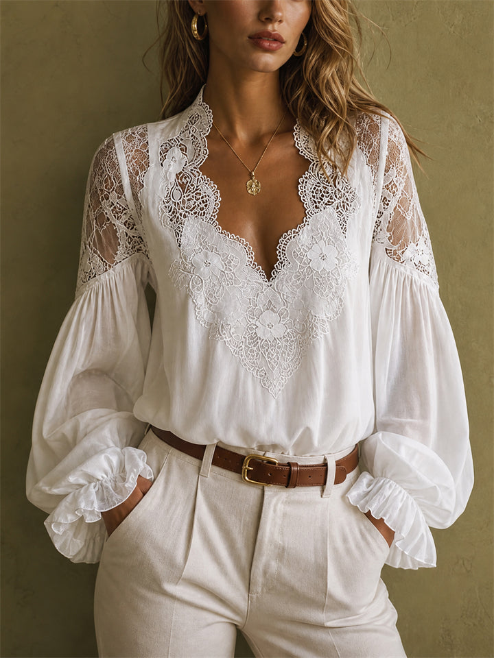 Womens Lace V Neck Lantern Sleeve Boho Ruffle Blouse