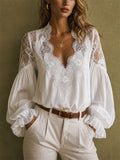 Womens Lace V Neck Lantern Sleeve Boho Ruffle Blouse