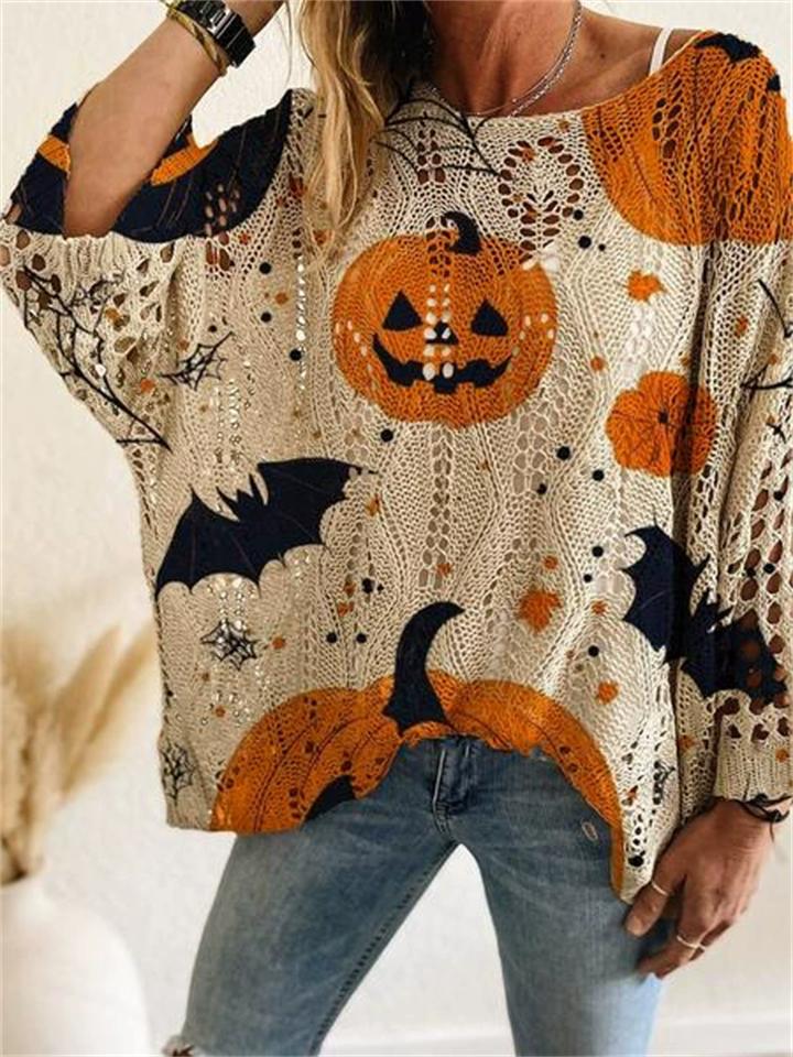 Women's Loose Hollow Halloween Style Pumpkin Print Round Neck Sweater