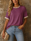 Womens Striped Colorful Oversized Short Sleeve Casual Tee