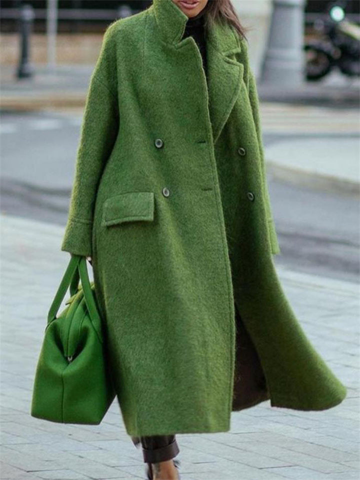 Elegant Suit Collar Long Sleeve Woolen Overcoat for Women