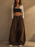 Women Baggy Wide Leg Pleated Trousers Oversized Brown Pants