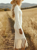E‌legant Boho Style Stand Collar Fringe Dress for Women with Zipper and Slit‌