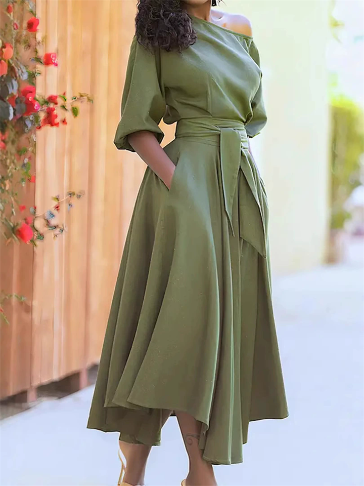 Women's Green Elegant Slanted Shoulder Tie-waist Asymmetric Hem Dress