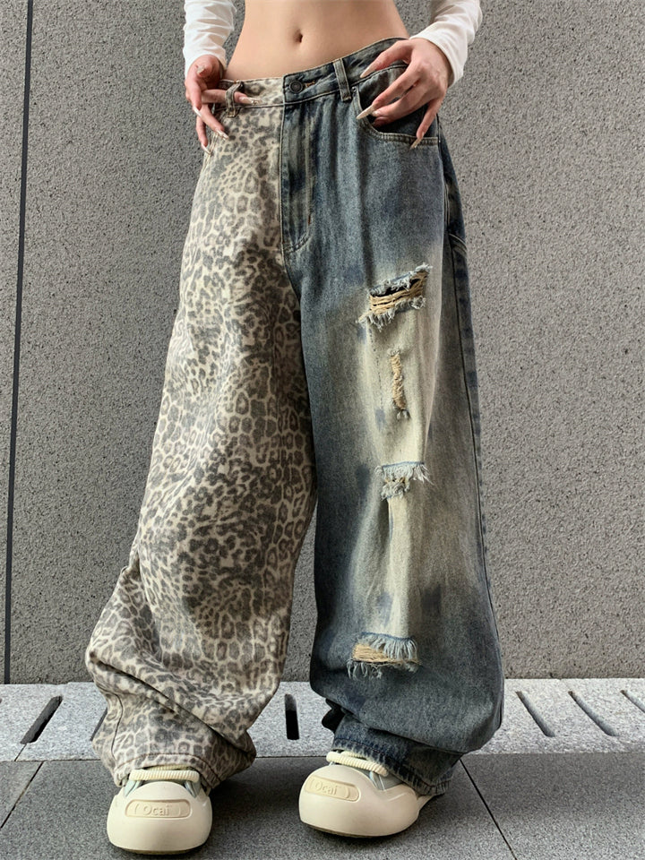 Men's Streetwear Loose Fit Leopard Print Ripped Denim Pants