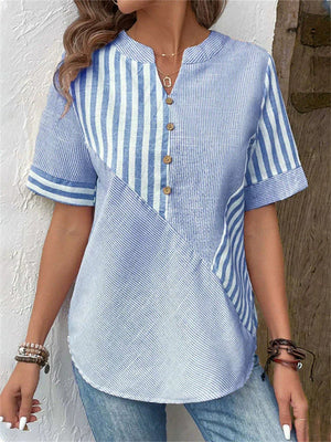 Women's Casual Stripe Patchwork V Neck Short Sleeve T-Shirt