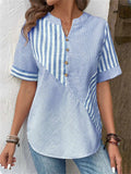 Women's Casual Stripe Patchwork V Neck Short Sleeve T-Shirt