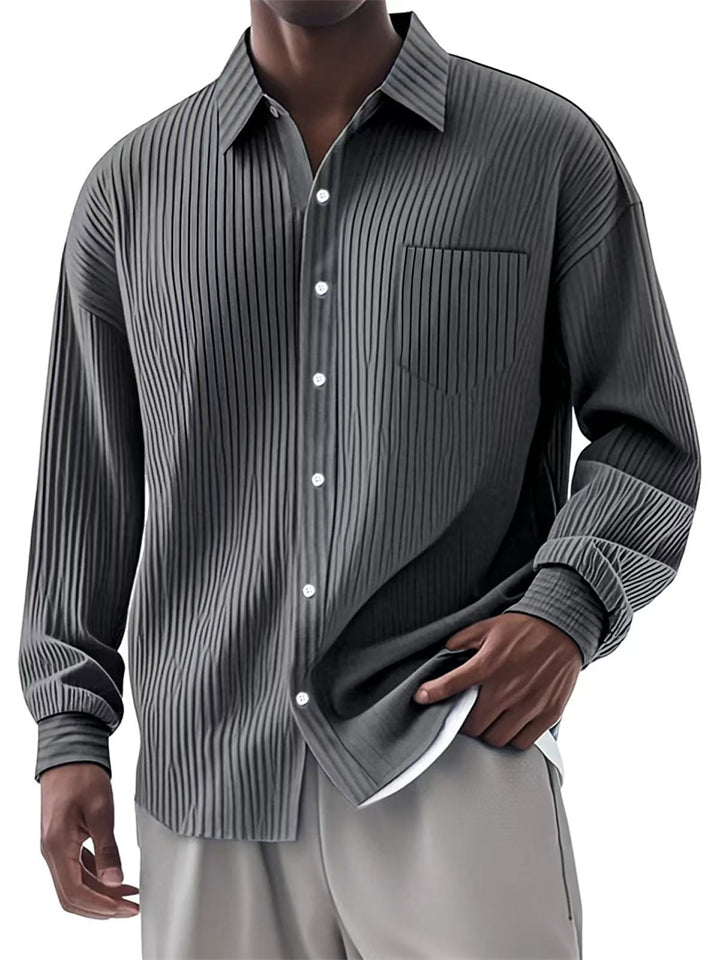 Men's Casual Long Sleeve Lapel Solid Color Stripe Shirts