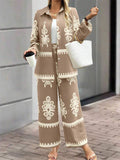 Women's Casual Ethnic Style Printed Long Sleeve Top & Wide Leg Pants Set