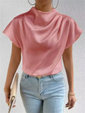 Ladies' Elegant Solid Color Semi-high Neck Short Sleeve Satin Blouses