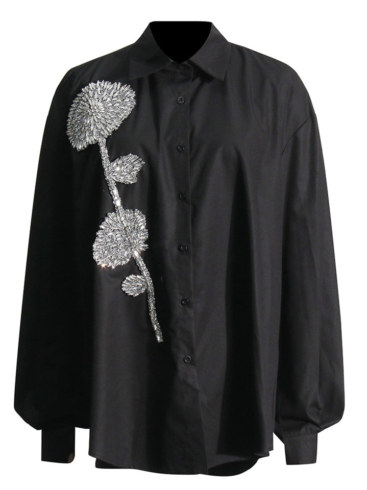 Solid Color Loose 3D Flower Button Up Lapel Long Sleeve Women Blouses