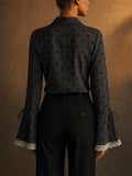 Womens Heart Print Tie Flare Sleeve Lace Trim Button Blouse