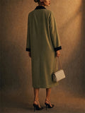 Women Green Long Trench Coat Contrast Collar Jacket