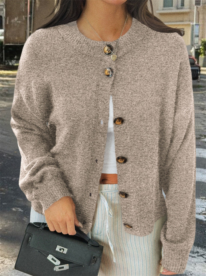 Ladies' Casual Simple Round Neck Button Long-sleeved Sweaters