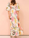 Women's Flower Printed Square Neck Lantern Sleeve Dresses