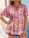 Women's Casual Holiday Style Print V Neck Short Sleeve Shirts