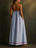 Women's Striped Maxi Beach Sundress with Red Trim Pockets