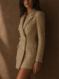 Women's Gold Tweed Double Breasted Pearl Button Blazer