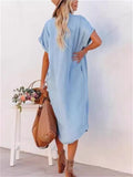 Women's Casual Mid-Length Split Short Sleeve Denim Dress