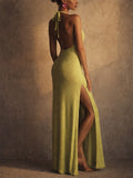 Women's Summer 3D Rose Flower High Slit Halter Knit Maxi Dress