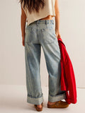 Female Loose Washed Button Trim Jeans with Pockets
