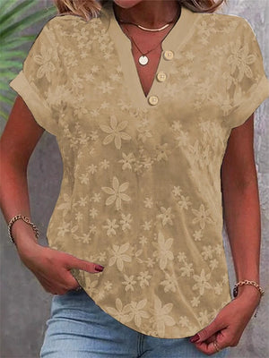 Women's Summer Embroidered V Neck Casual Short Sleeve Shirt