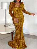 Women's V-neck Long Sleeve Floor Length Sequined Mermaid Dress