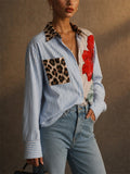 Womens Stripe Leopard FloralMixed Print Button Down Shirt