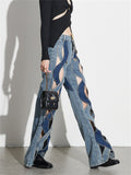 Ladies Metallic Flower Contrast Color Cutout Jeans
