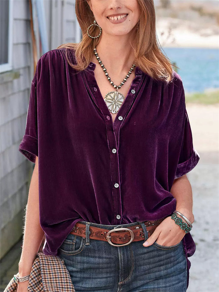 ‌Women's Elegant Velvet Button Up Round Neck Short Sleeve Blouse‌