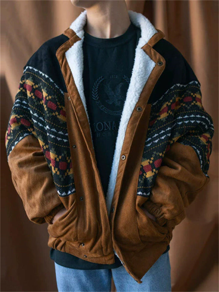 ‌Men's Brown Vintage Printed Suede Patchwork Fleece Lined Jackets