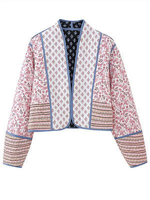 Vintage Pink Paisley Print Cardigan Padded Coat for Lady