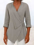 Women's Solid Color V Neck Tie Waist Long Sleeve Blouses