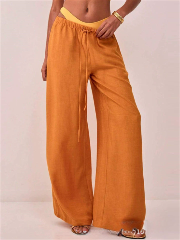 Women's Summer Solid Color Wide Leg High Rise Drawstring Pants