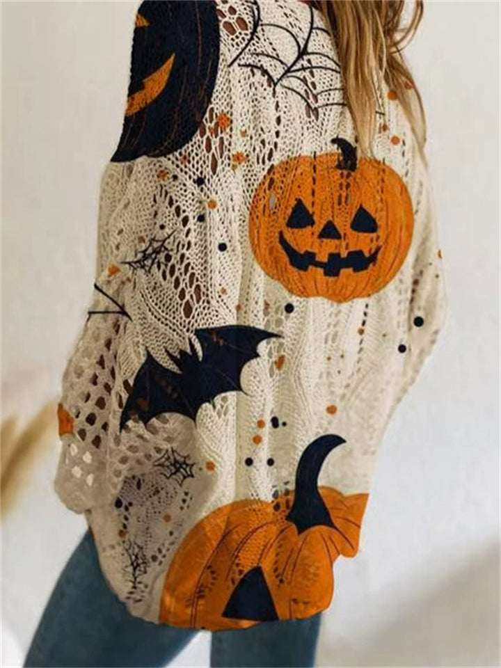 Women's Loose Hollow Halloween Style Pumpkin Print Round Neck Sweater