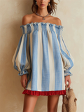 Women Blue Striped Off Shoulder Lantern Sleeve Ruffle Dress