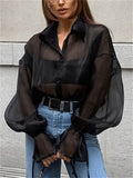French Style Black Mesh Long Sleeve Blouses for Women