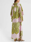 Women's Holiday Style Print Stand Collar V-neck 3/4 Sleeve Maxi Dress