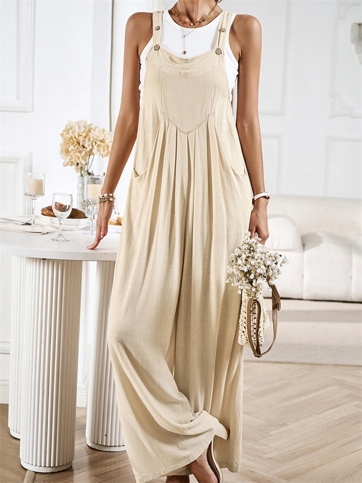 Female Summer Linen Cotton Strappy Wide Leg Jumpsuits